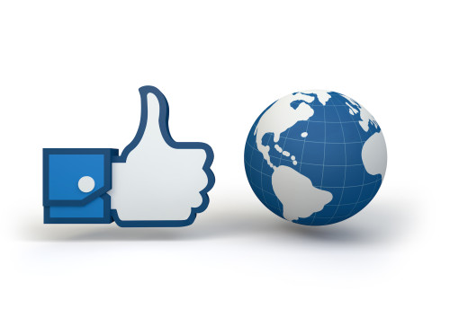 3d render of a Facebook thumbs up hand next to a globe.
